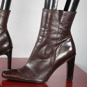 Women's Nine West Brown Leather Square Toe Snakeskin Ankle Boots Booties 8